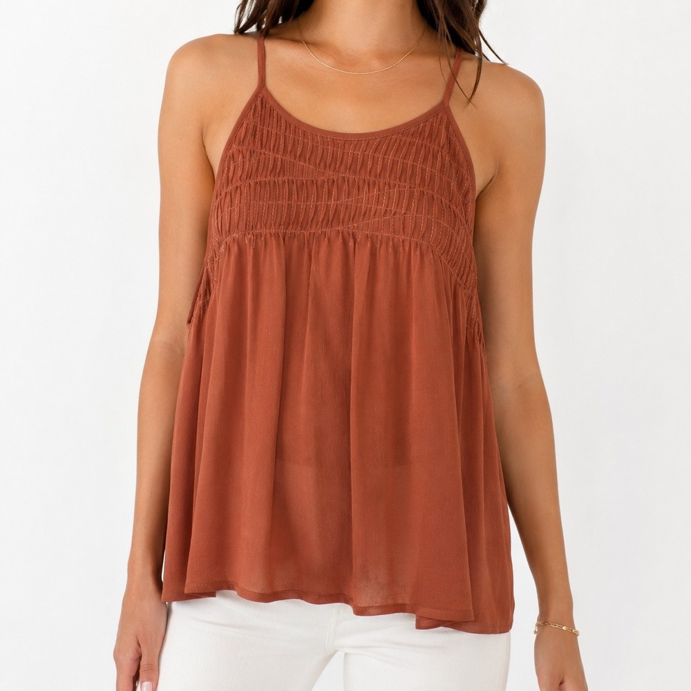 Joie Smocked Blouse Women's Size XS Burnt Terracotta 100% Silk Spaghetti Straps